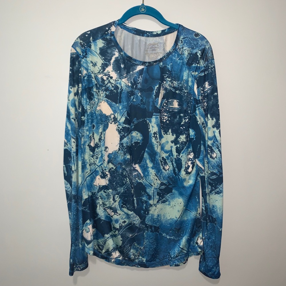 Silver Bait Mens Blue White Abstract Print Long Sleeve Fishing Shirt Size M